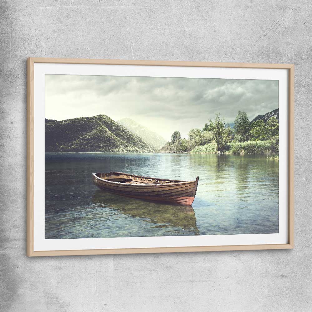 Floral print of Tranquil Wooden Boat with raw oak glass front frame