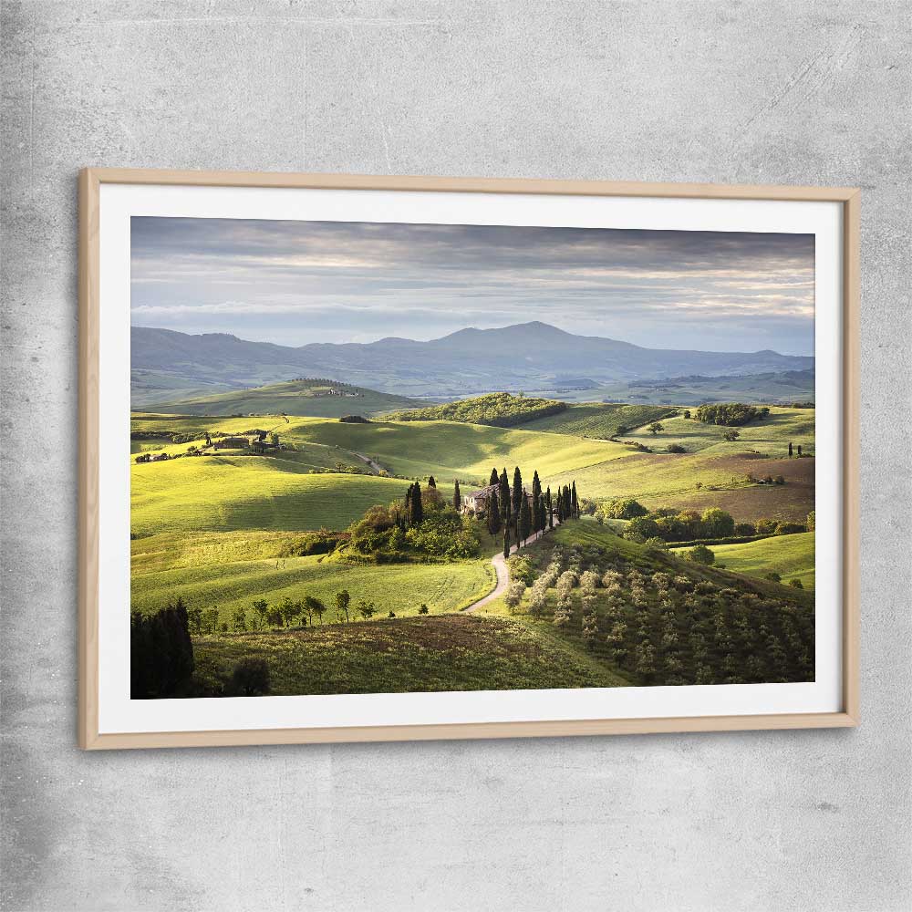 Floral print of Tuscan Countryside with raw oak glass front frame