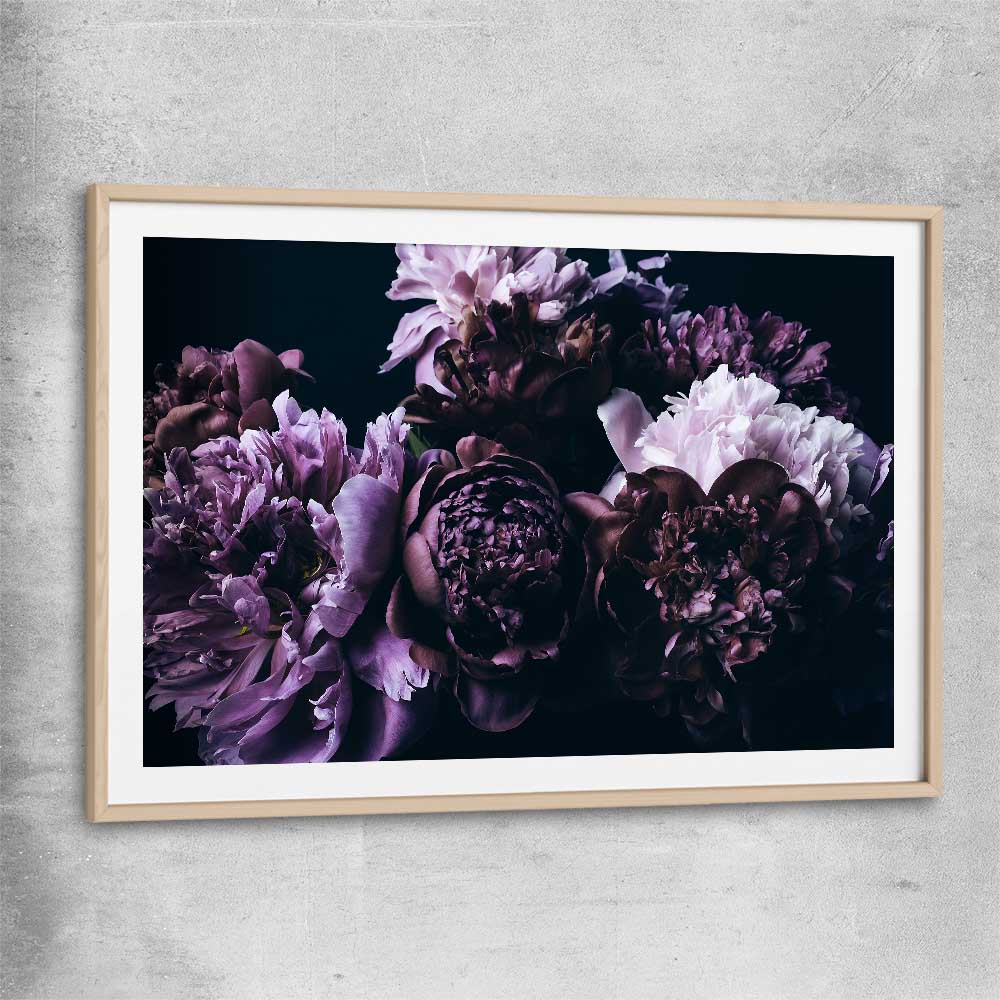 Floral print of Violet Peonies with raw oak glass front frame