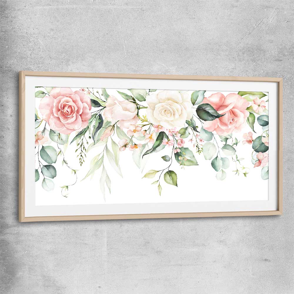 Floral print of Vivid Blossom with raw oak glass front frame