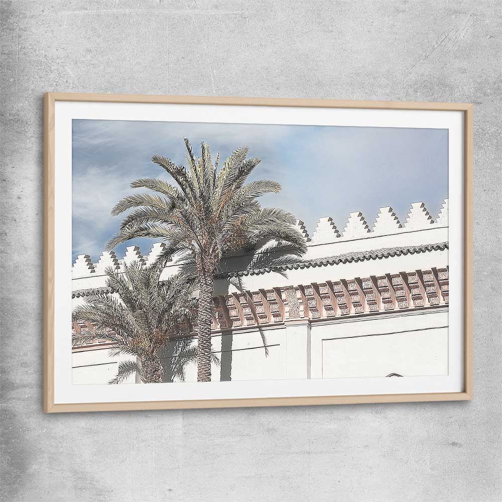 Floral print of Wanderlust Palms with raw oak glass front frame