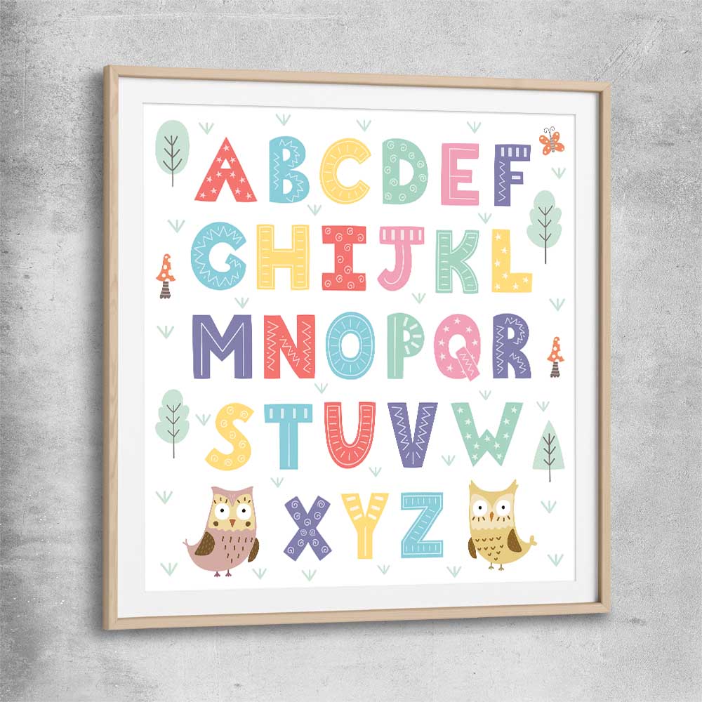 Alphabet Colours raw oak glass front frame is a nursery canvas wall art and print suited for childrens nursery arean
