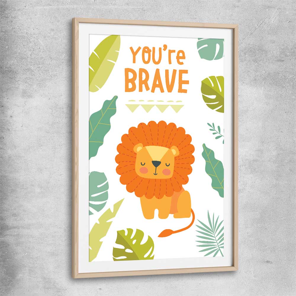 Be Brave raw oak glass front frame is a nursery canvas wall art and print suited for childrens nursery arean