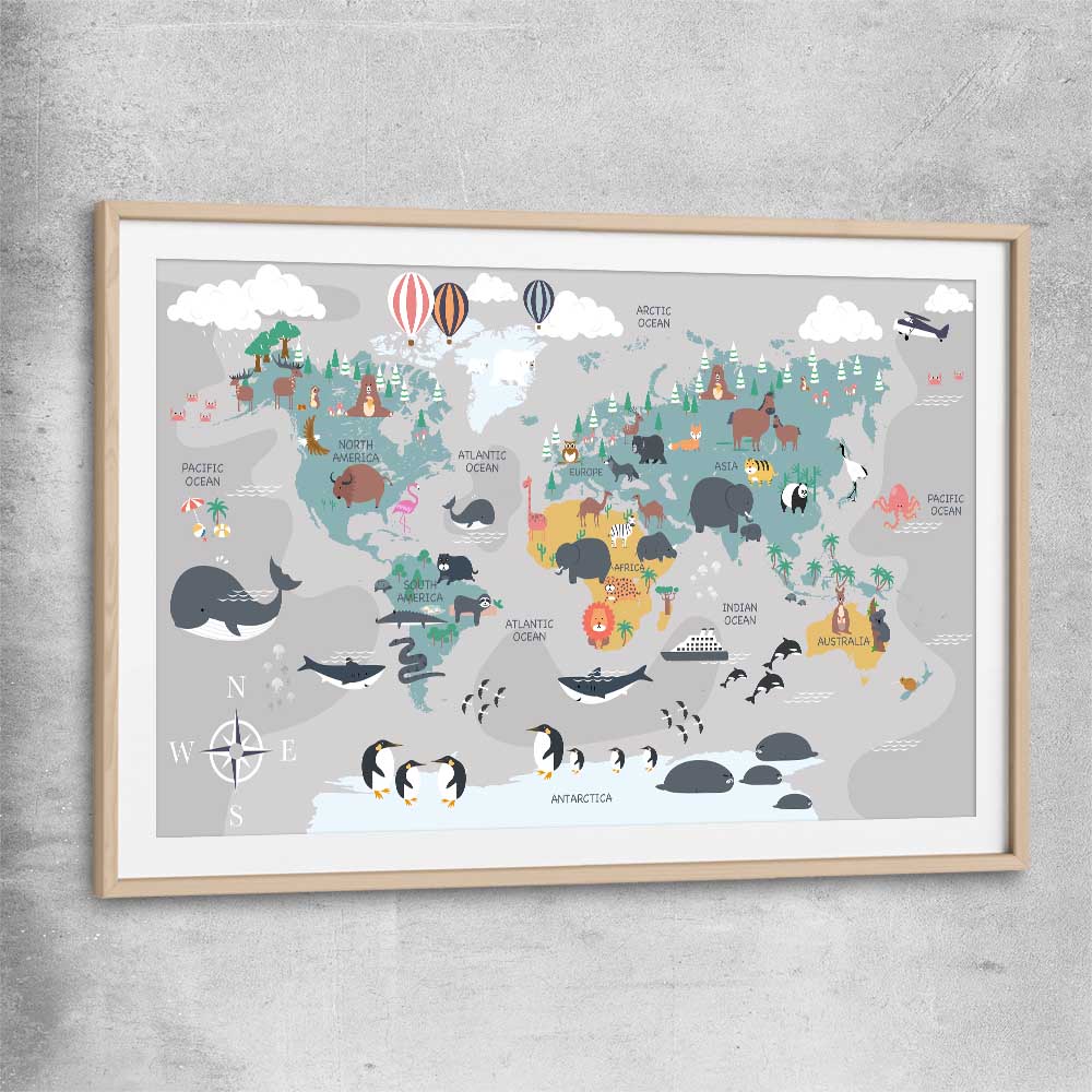 Cartoon World Map raw oak glass front frame is a nursery canvas wall art and print suited for childrens nursery arean