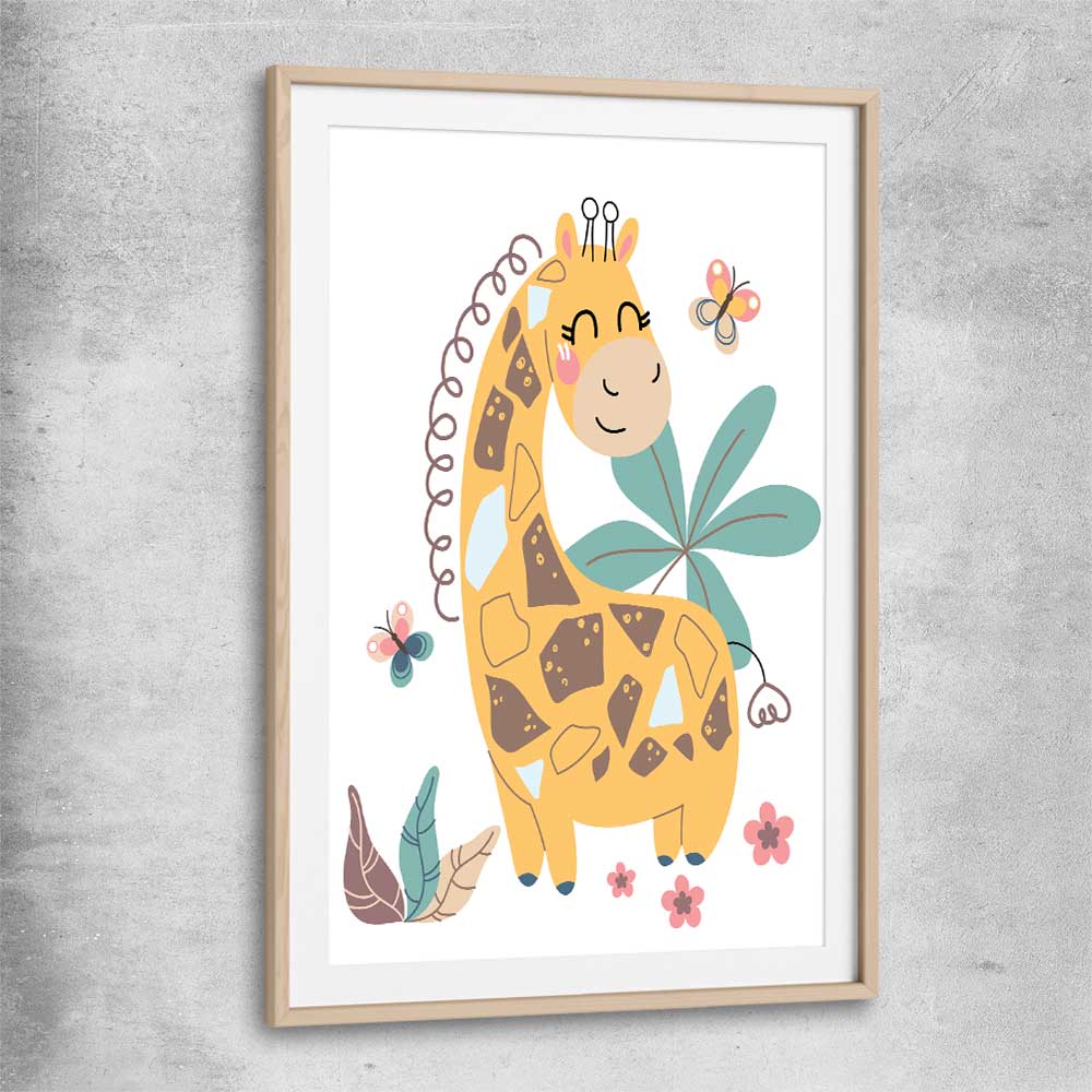 Cheerful Giraffe raw oak glass front frame is a nursery canvas wall art and print suited for childrens nursery arean