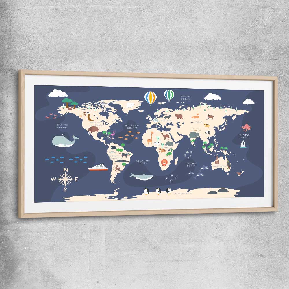 Discovery Map raw oak glass front frame is a nursery canvas wall art and print suited for childrens nursery arean