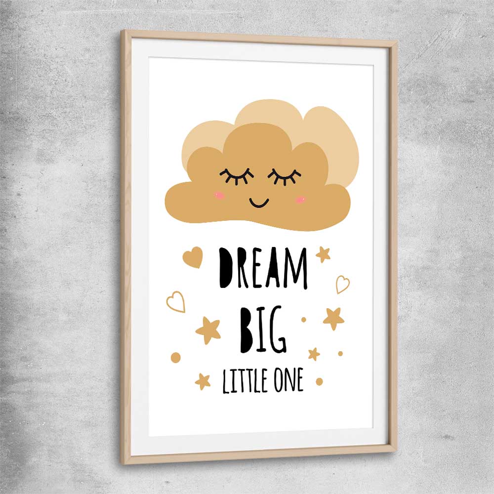 Dream Big raw oak glass front frame is a nursery canvas wall art and print suited for childrens nursery arean