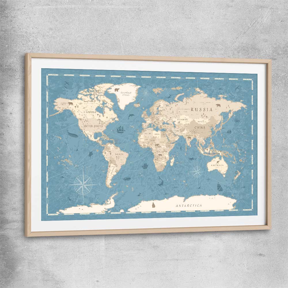 Education Map Blue raw oak glass front frame is a nursery canvas wall art and print suited for childrens nursery arean