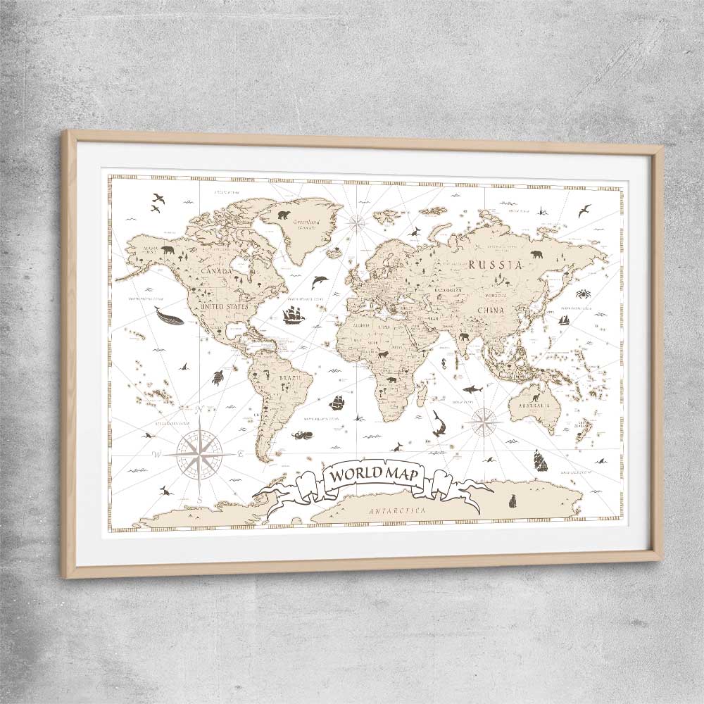 Education Map raw oak glass front frame is a nursery canvas wall art and print suited for childrens nursery arean