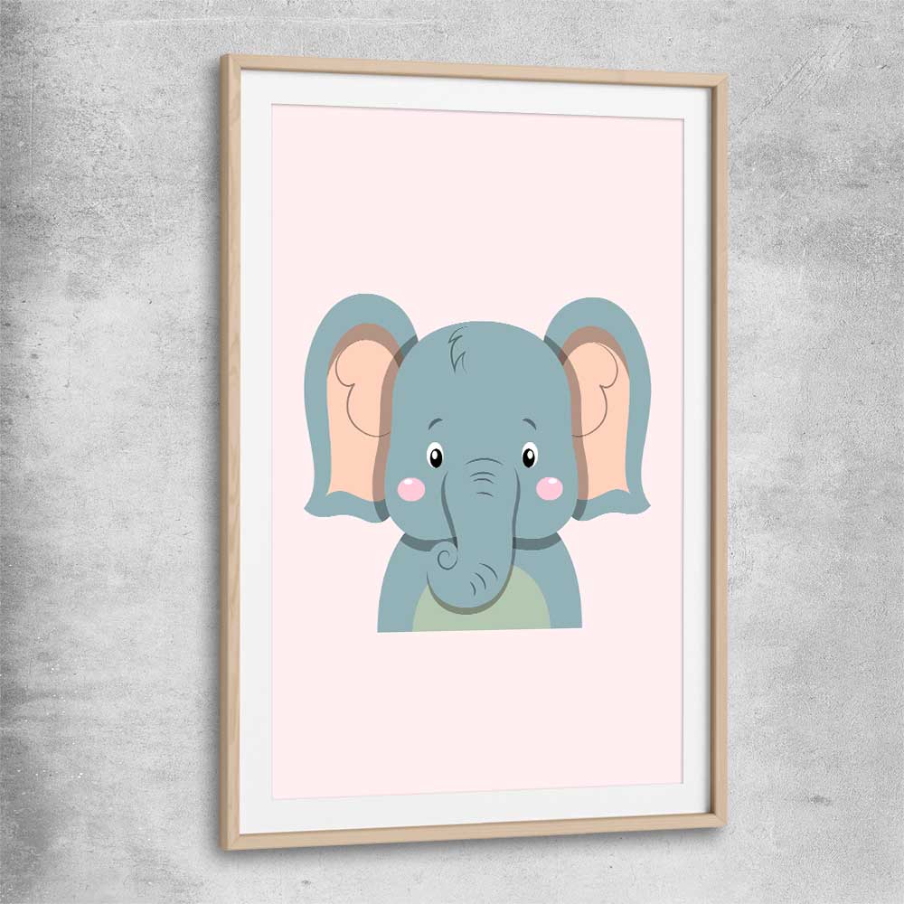Friendly Elephant raw oak glass front frame is a nursery canvas wall art and print suited for childrens nursery arean