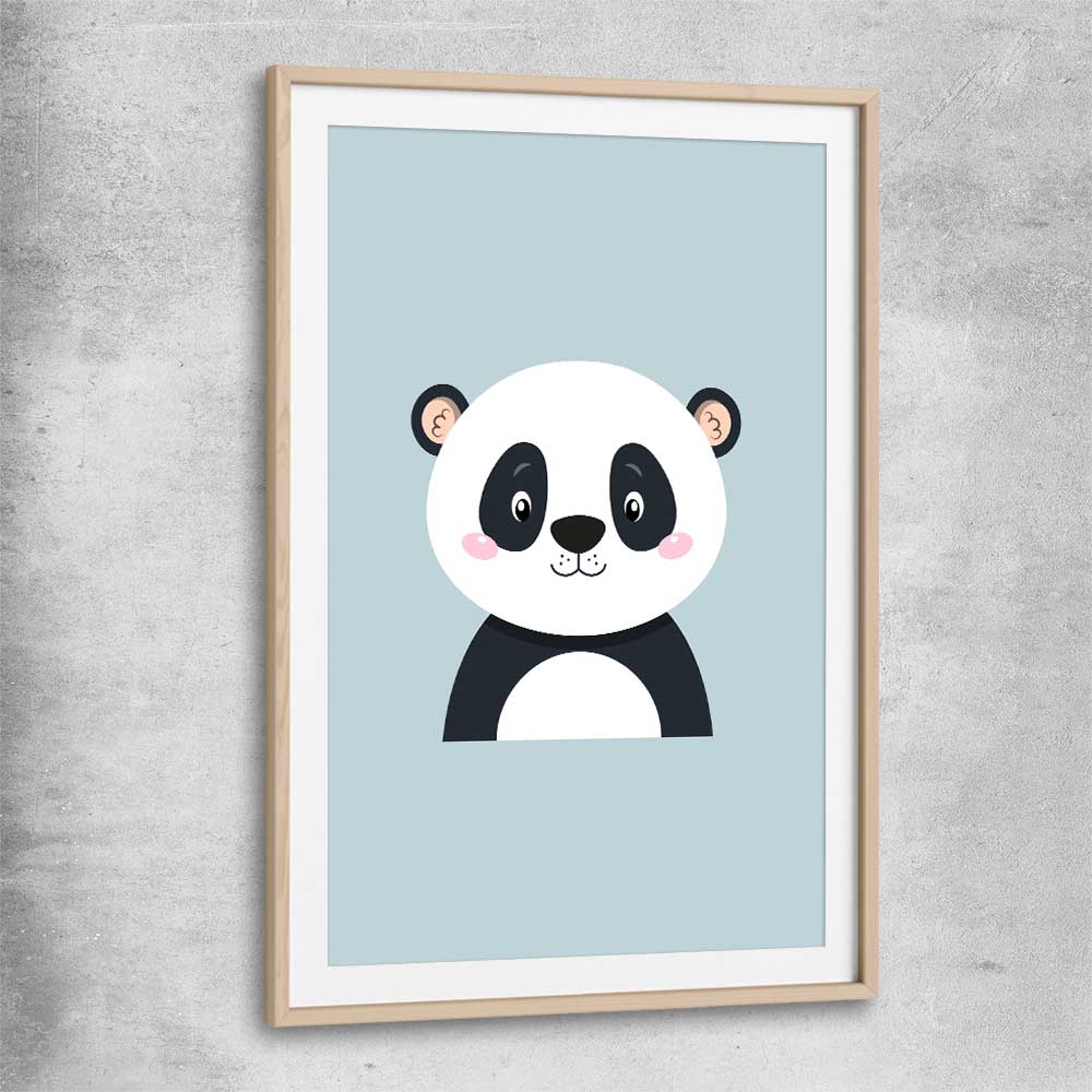 Friendly Panda raw oak glass front frame is a nursery canvas wall art and print suited for childrens nursery arean