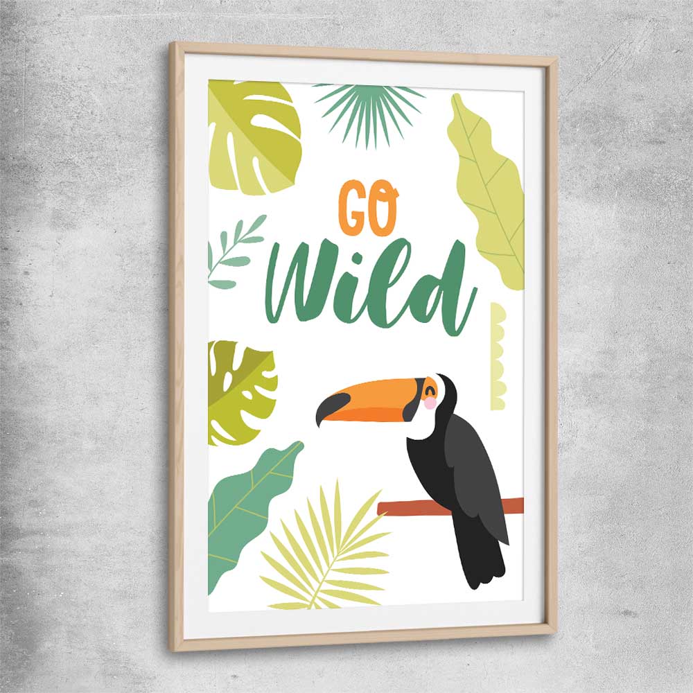 Go Wild raw oak glass front frame is a nursery canvas wall art and print suited for childrens nursery arean