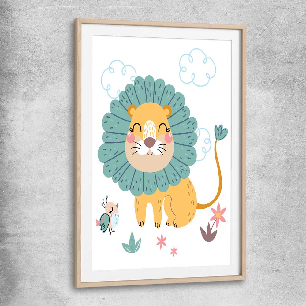 Safari Lion raw oak glass front frame is a nursery canvas wall art and print suited for childrens nursery arean