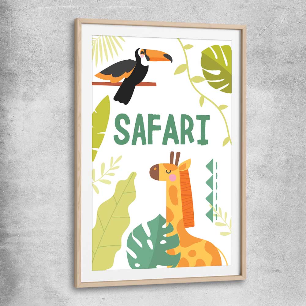 Safari Roaming raw oak glass front frame is a nursery canvas wall art and print suited for childrens nursery arean