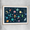 Space Alphabet raw oak glass front frame is a nursery canvas wall art and print suited for childrens nursery arean