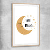 Sweet Dreams raw oak glass front frame is a nursery canvas wall art and print suited for childrens nursery arean