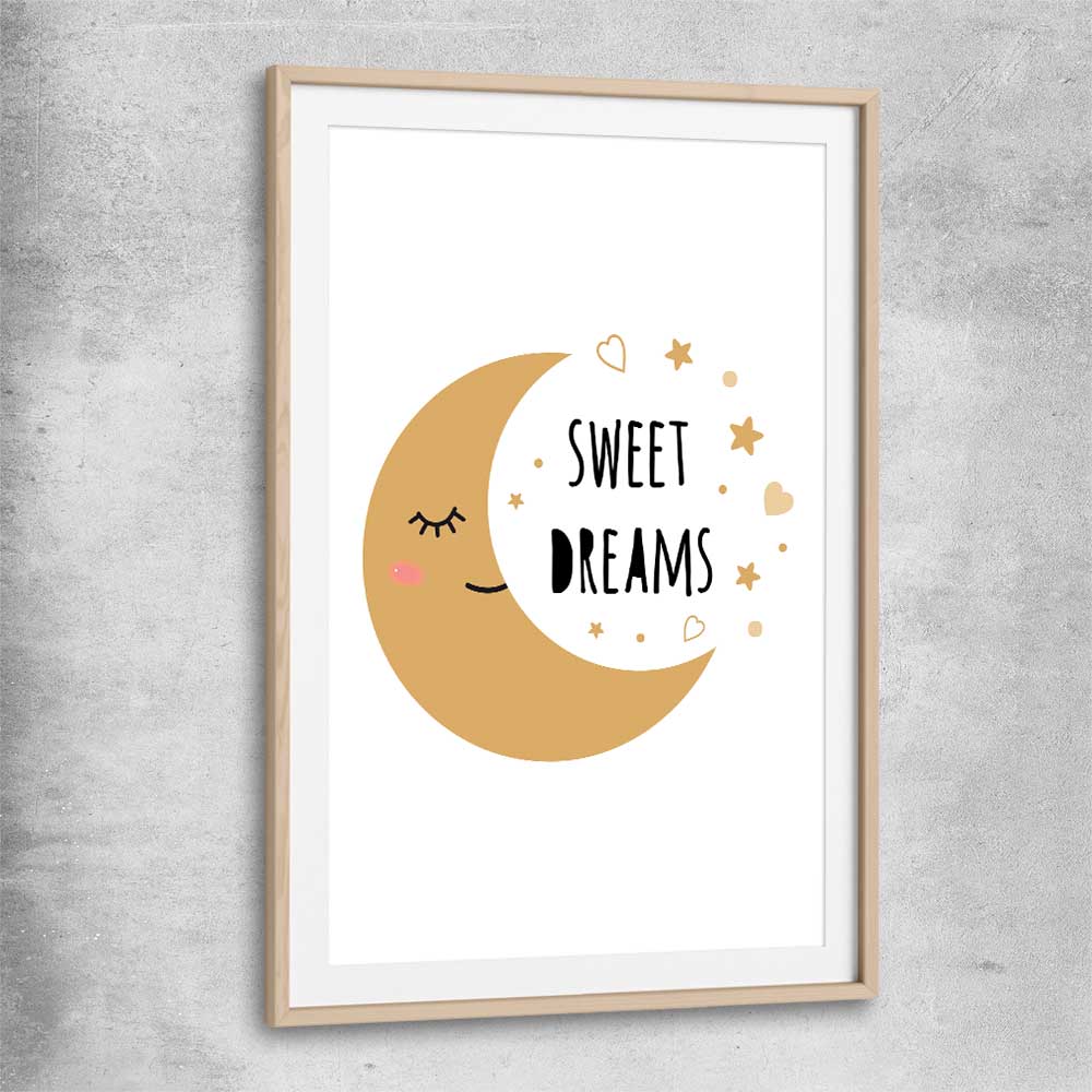 Sweet Dreams raw oak glass front frame is a nursery canvas wall art and print suited for childrens nursery arean