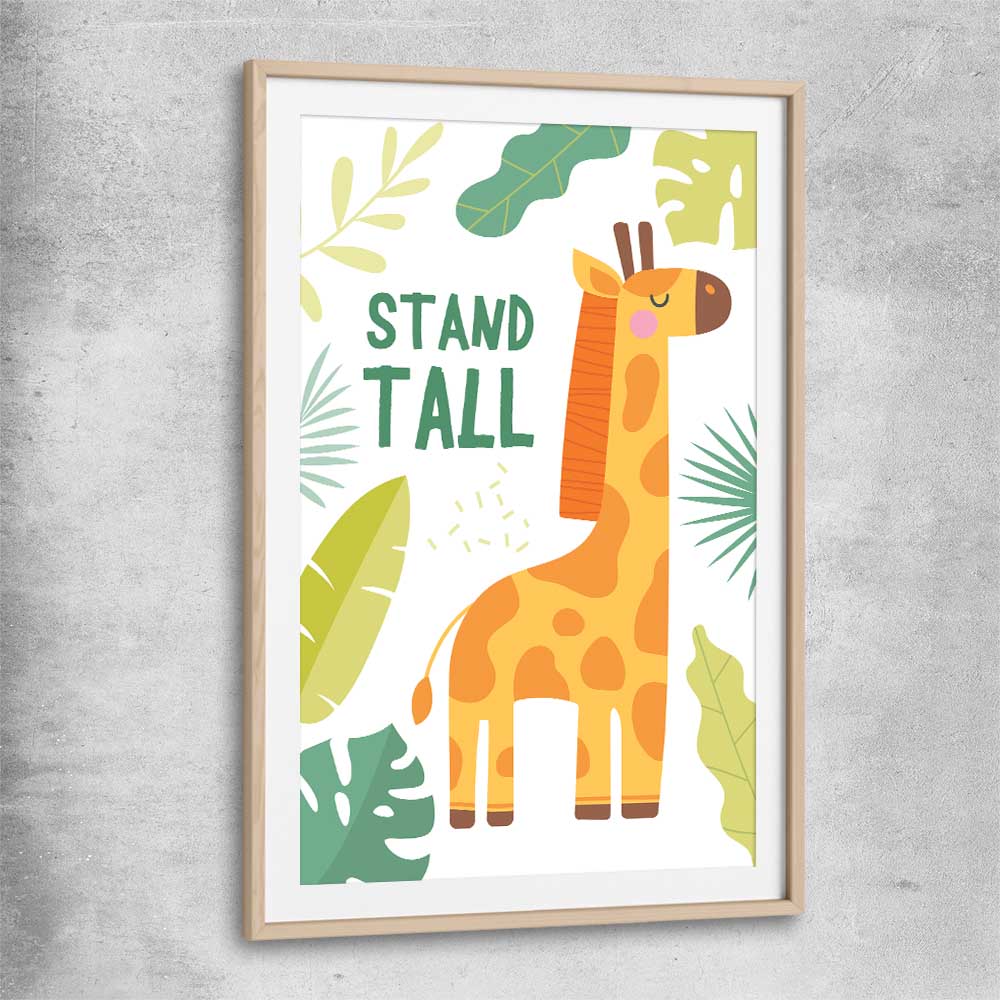 Tall Giraffe raw oak glass front frame is a nursery canvas wall art and print suited for childrens nursery arean