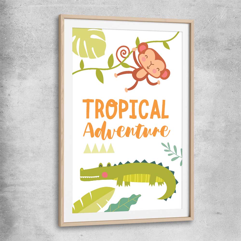 Tropical Adventure raw oak glass front frame is a nursery canvas wall art and print suited for childrens nursery arean