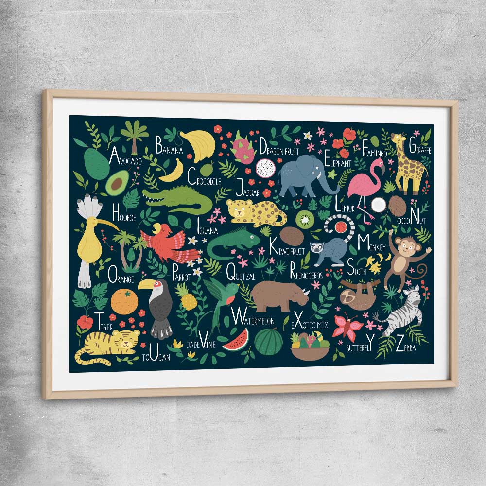Tropical Alphabet raw oak glass front frame is a nursery canvas wall art and print suited for childrens nursery arean