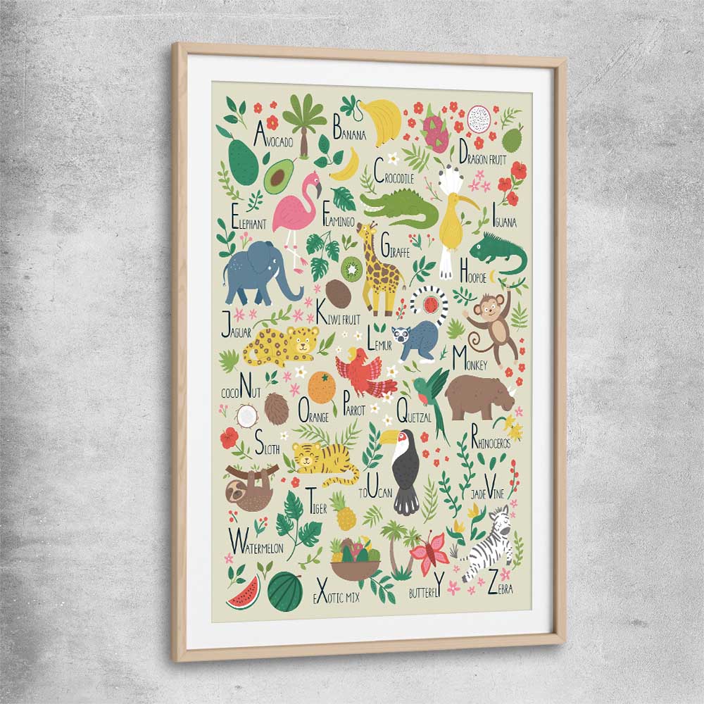 Tropical Alphabet Light raw oak glass front frame is a nursery canvas wall art and print suited for childrens nursery arean