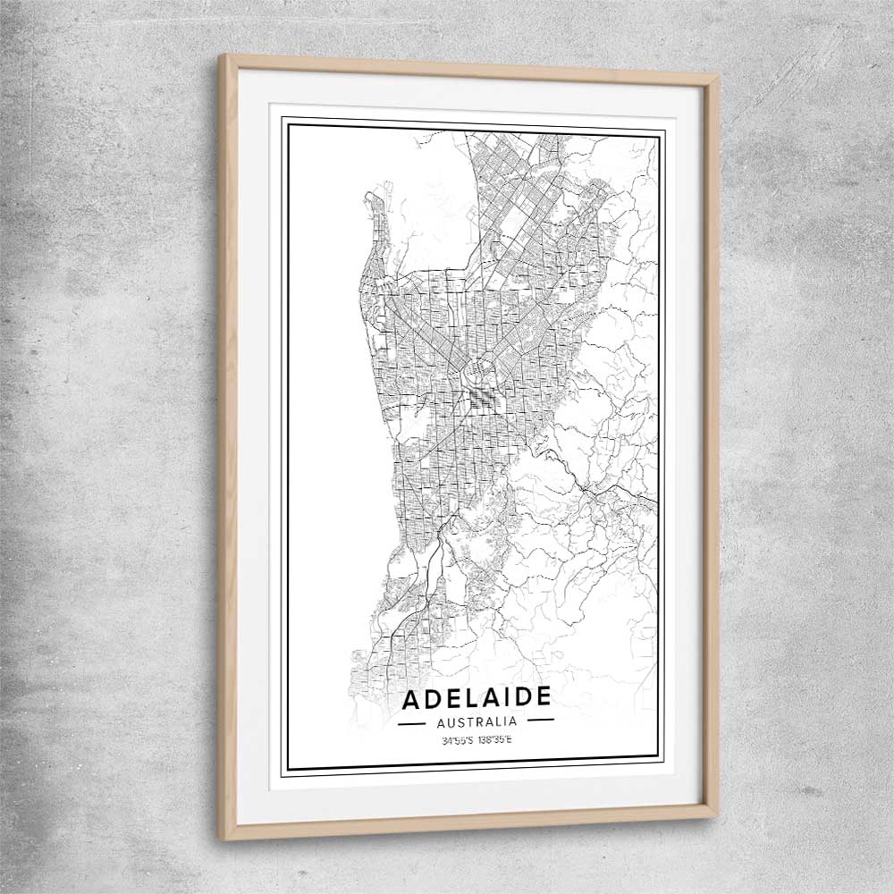 Adelaide City raw oak glass front frame is a high quality print in our city skyline, travel prints and maps collection