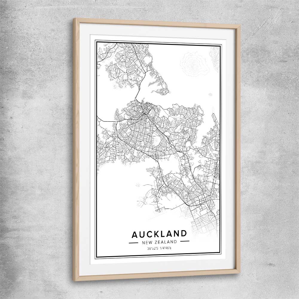Auckland City raw oak glass front frame is a high quality print in our city skyline, travel prints and maps collection
