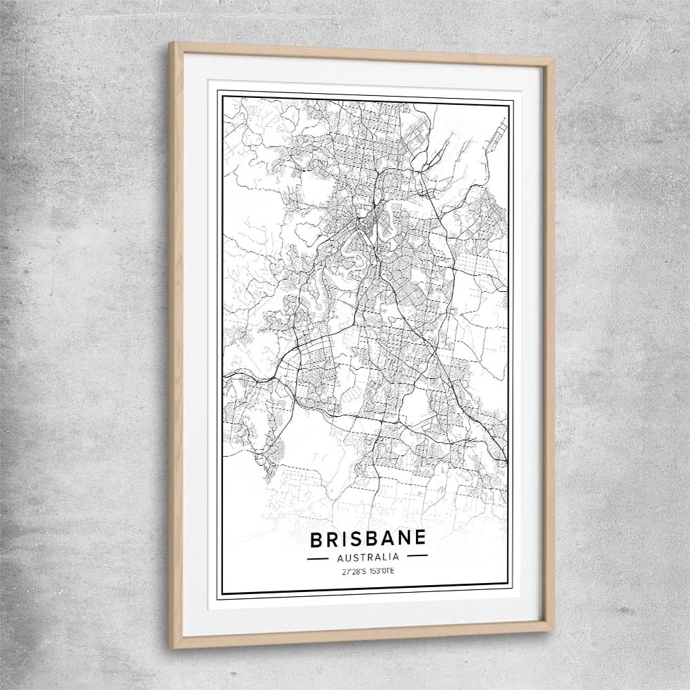 Brisbane City raw oak glass front frame is a high quality print in our city skyline, travel prints and maps collection