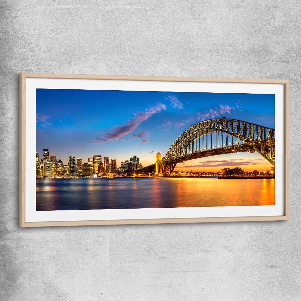 Darling Harbour raw oak glass front frame is a high quality print in our city skyline, travel prints and maps collection