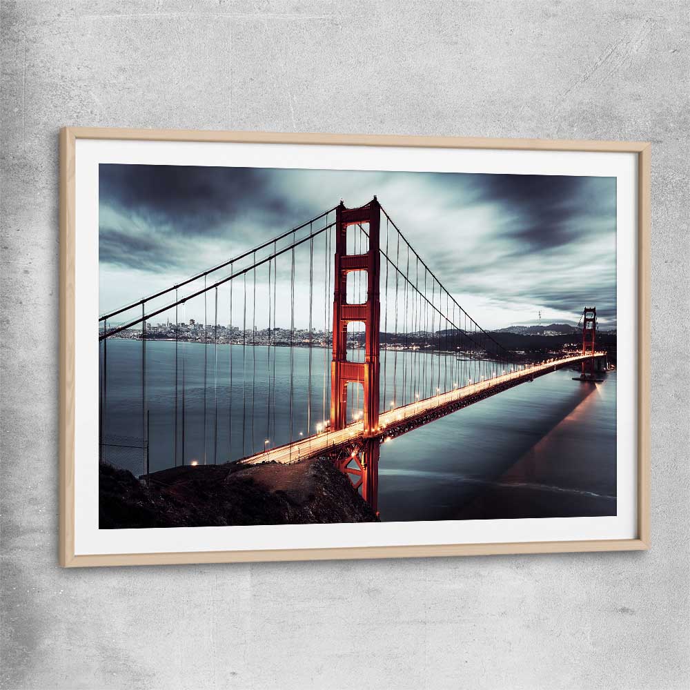 Golden Gate raw oak glass front frame is a high quality print in our city skyline, travel prints and maps collection