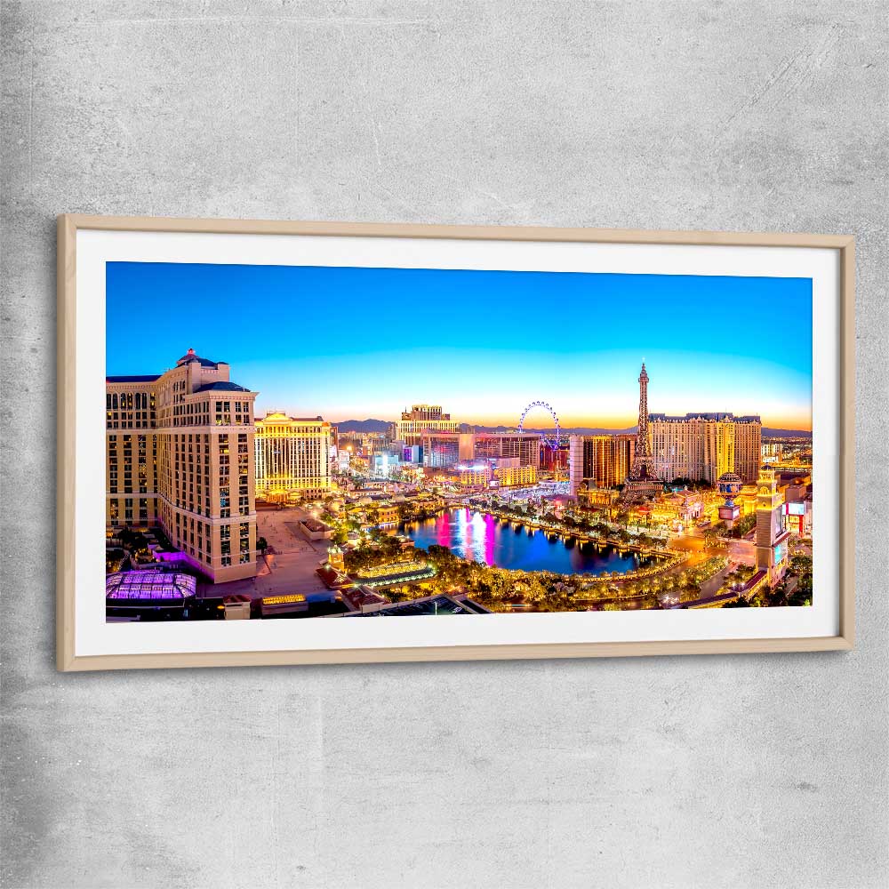 Golden Vegas raw oak glass front frame is a high quality print in our city skyline, travel prints and maps collection