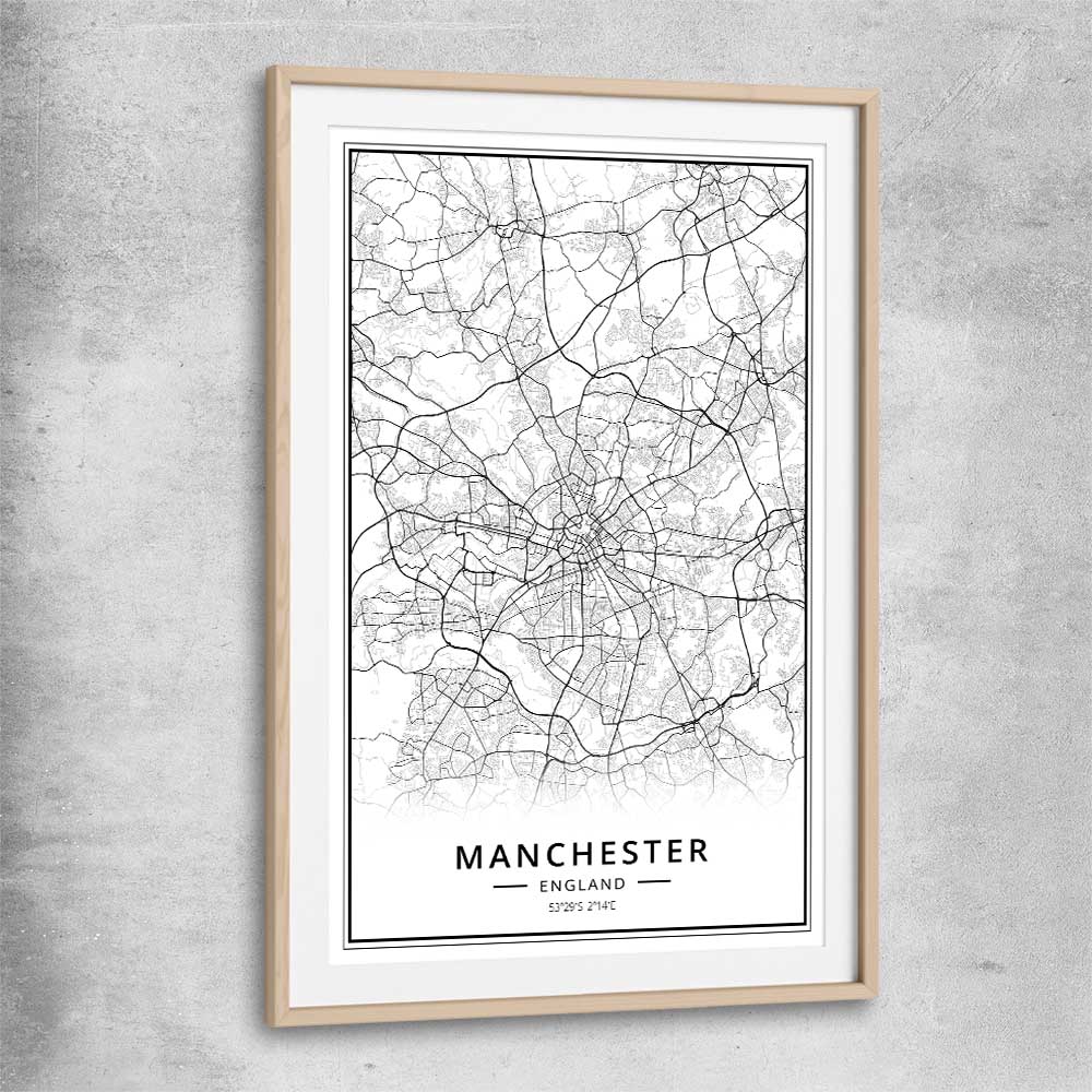 Greater Manchester raw oak glass front frame is a high quality print in our city skyline, travel prints and maps collection