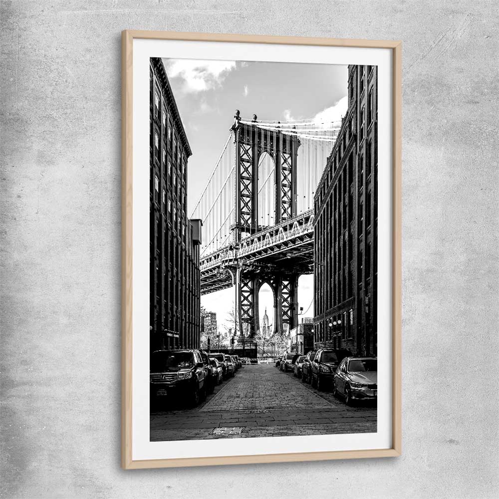 Manhattan Bridge raw oak glass front frame is a high quality print in our city skyline, travel prints and maps collection