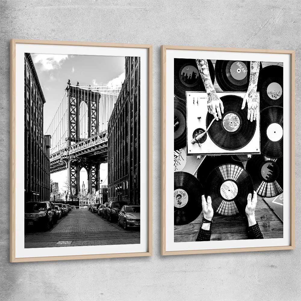 Manhattan Bridge Pair raw oak glass front frame is a high quality print in our city skyline, travel prints and maps collection