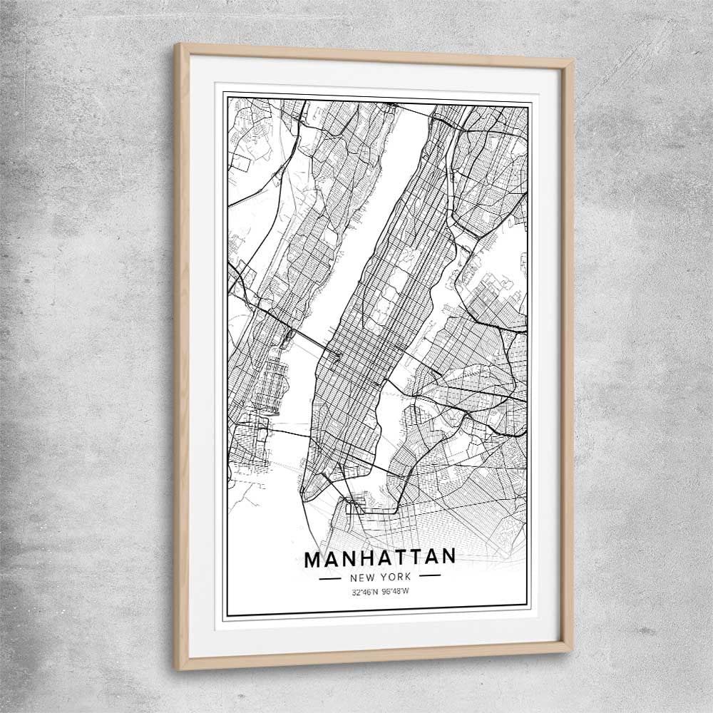 Manhattan City raw oak glass front frame is a high quality print in our city skyline, travel prints and maps collection