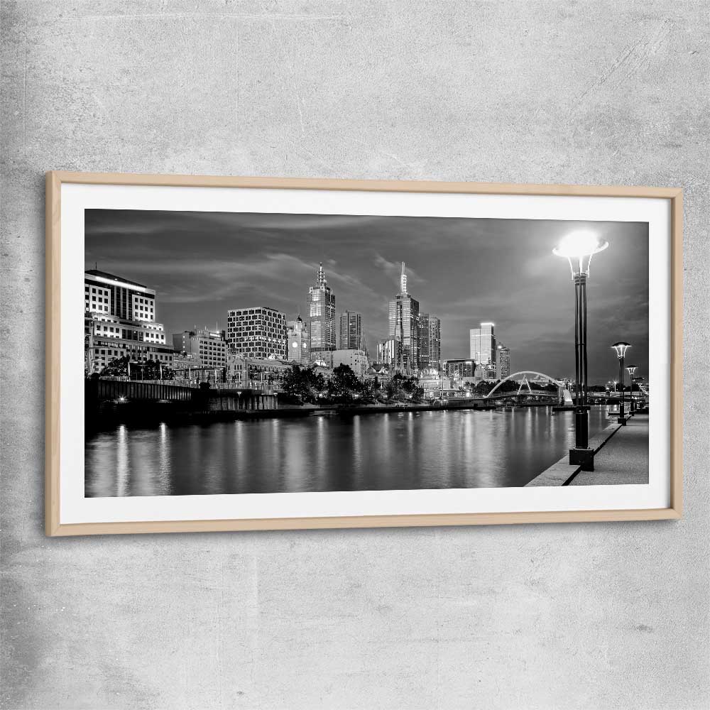 Melbourne Skyline raw oak glass front frame is a high quality print in our city skyline, travel prints and maps collection