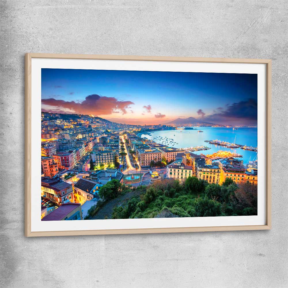 Naples City Lights raw oak glass front frame is a high quality print in our city skyline, travel prints and maps collection