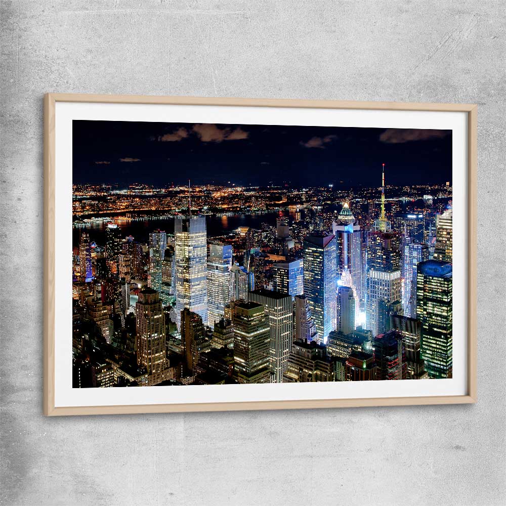New York Glow raw oak glass front frame is a high quality print in our city skyline, travel prints and maps collection