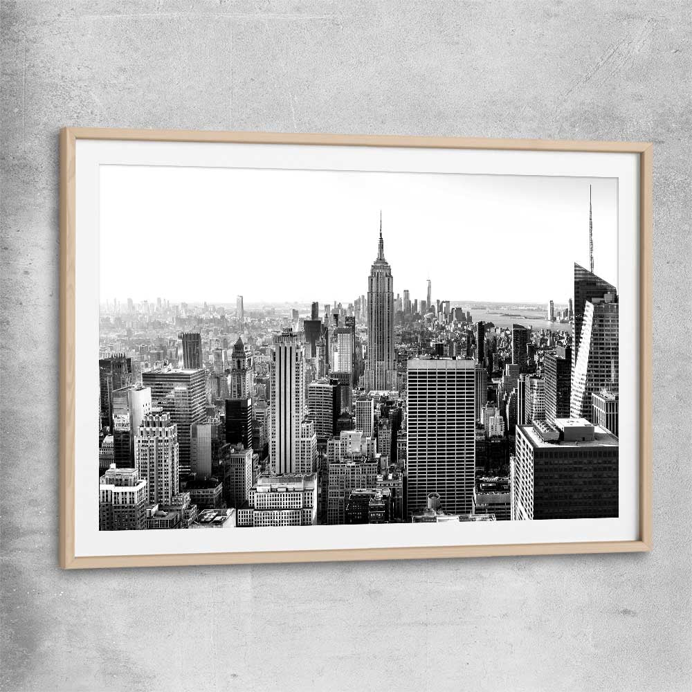 New York Skyline raw oak glass front frame is a high quality print in our city skyline, travel prints and maps collection