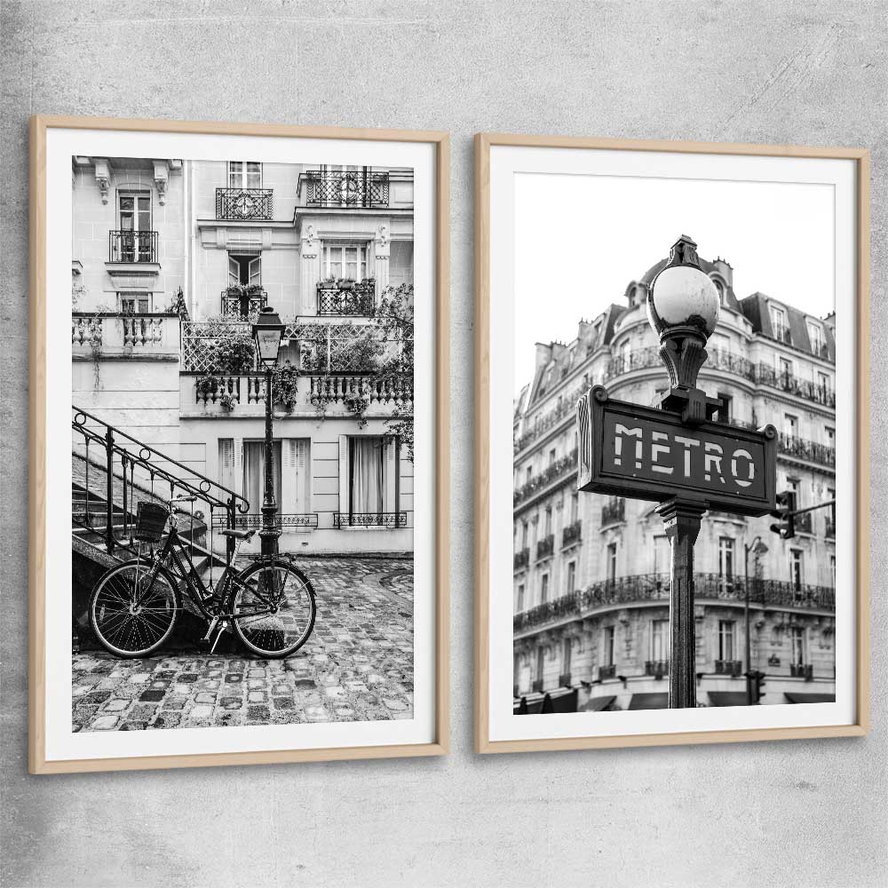 Paris Bicycle Pair raw oak glass front frame is a high quality print in our city skyline, travel prints and maps collection