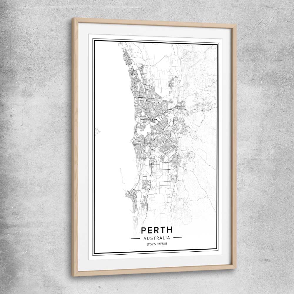 Perth City raw oak glass front frame is a high quality print in our city skyline, travel prints and maps collection