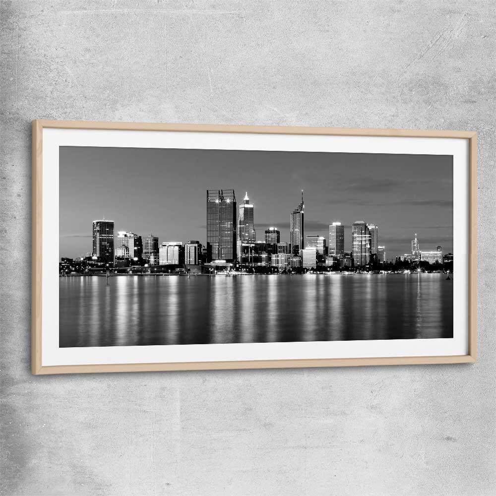 Perth Skyline raw oak glass front frame is a high quality print in our city skyline, travel prints and maps collection