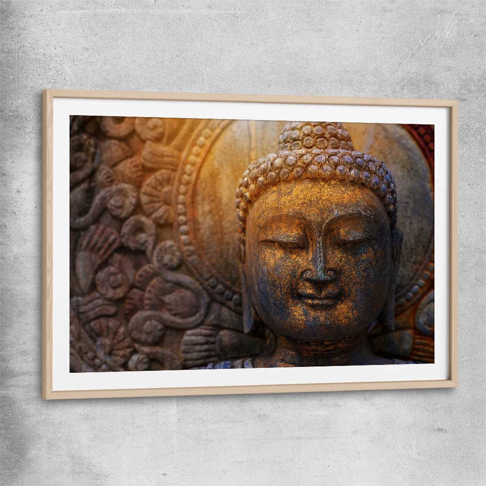 Rock Buddha raw oak glass front frame is a high quality print in our city skyline, travel prints and maps collection