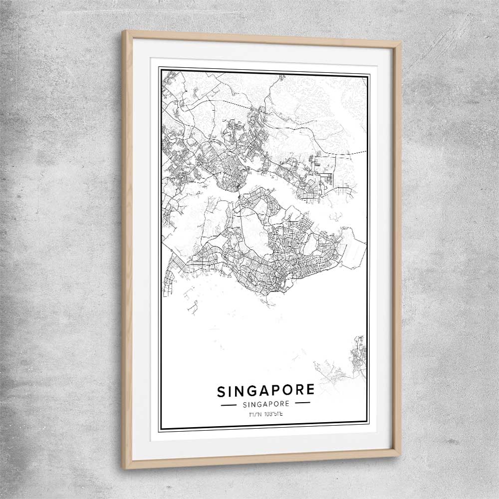 Singapore City raw oak glass front frame is a high quality print in our city skyline, travel prints and maps collection
