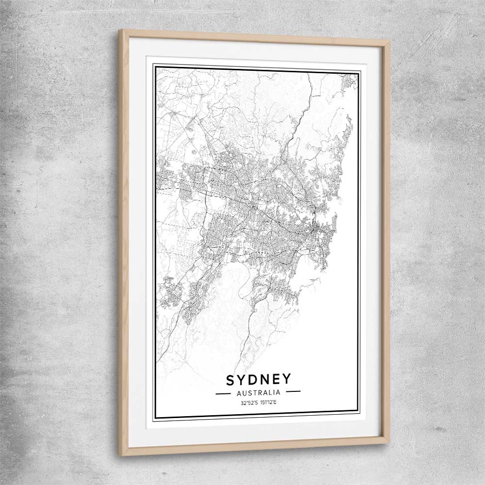 Sydney City raw oak glass front frame is a high quality print in our city skyline, travel prints and maps collection
