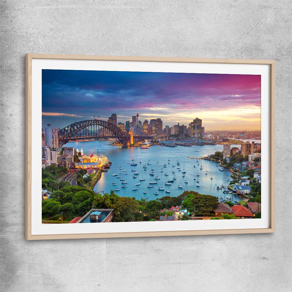 Sydney Sunset raw oak glass front frame is a high quality print in our city skyline, travel prints and maps collection