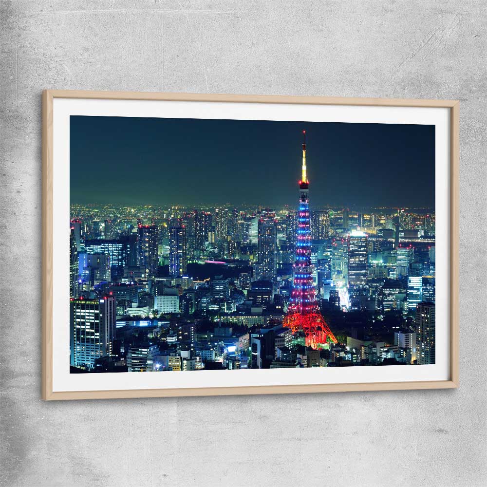 Tokyo City raw oak glass front frame is a high quality print in our city skyline, travel prints and maps collection