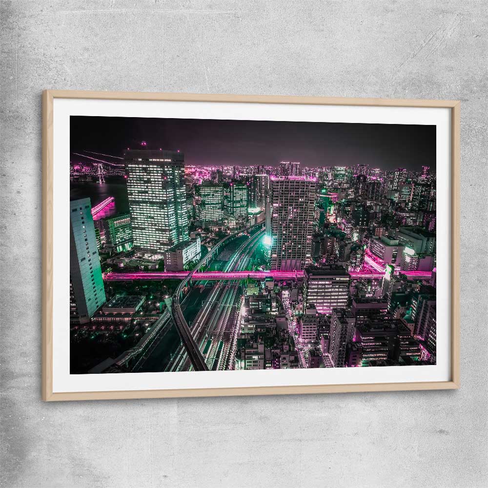 Tokyo Lights raw oak glass front frame is a high quality print in our city skyline, travel prints and maps collection