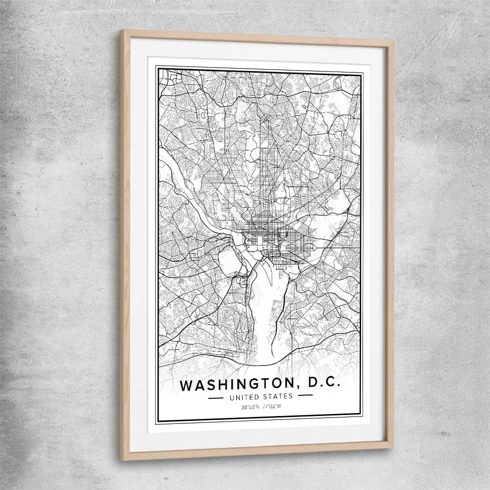 Washington City raw oak glass front frame is a high quality print in our city skyline, travel prints and maps collection