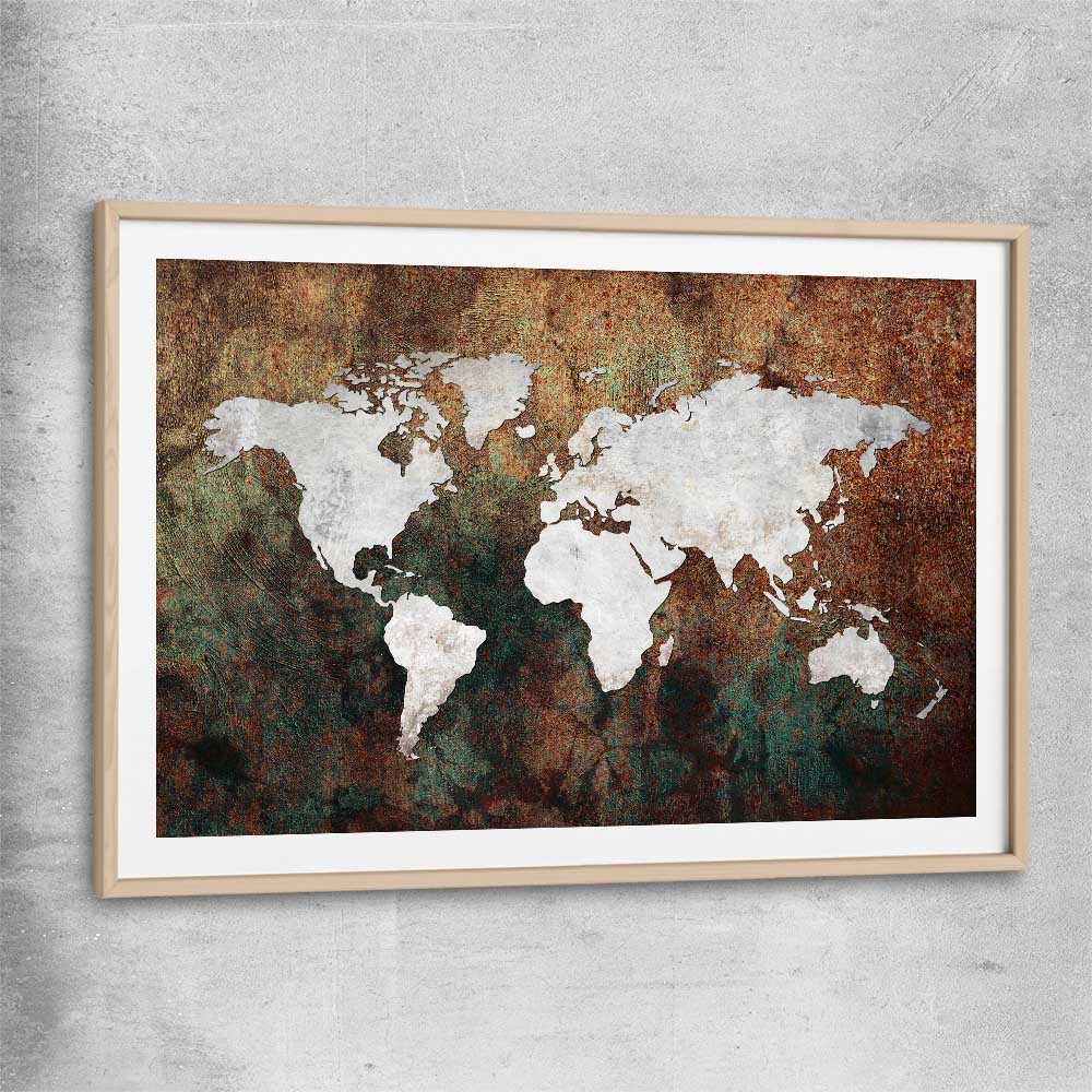 World Grunge raw oak glass front frame is a high quality print in our city skyline, travel prints and maps collection
